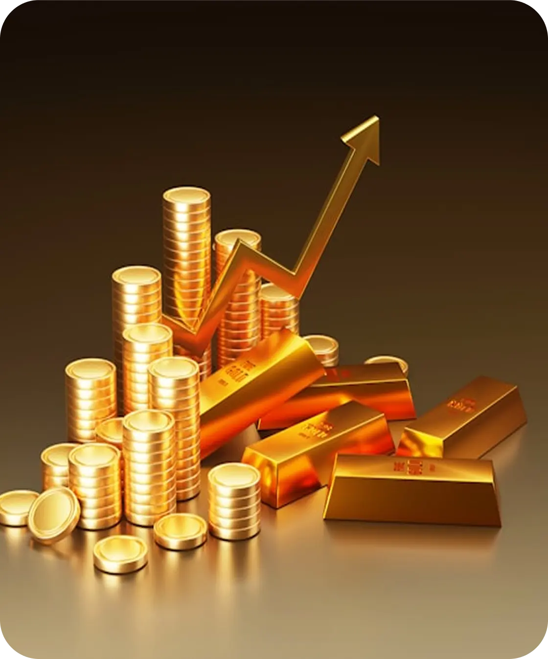 Stacked gold coins and bars with upward arrow